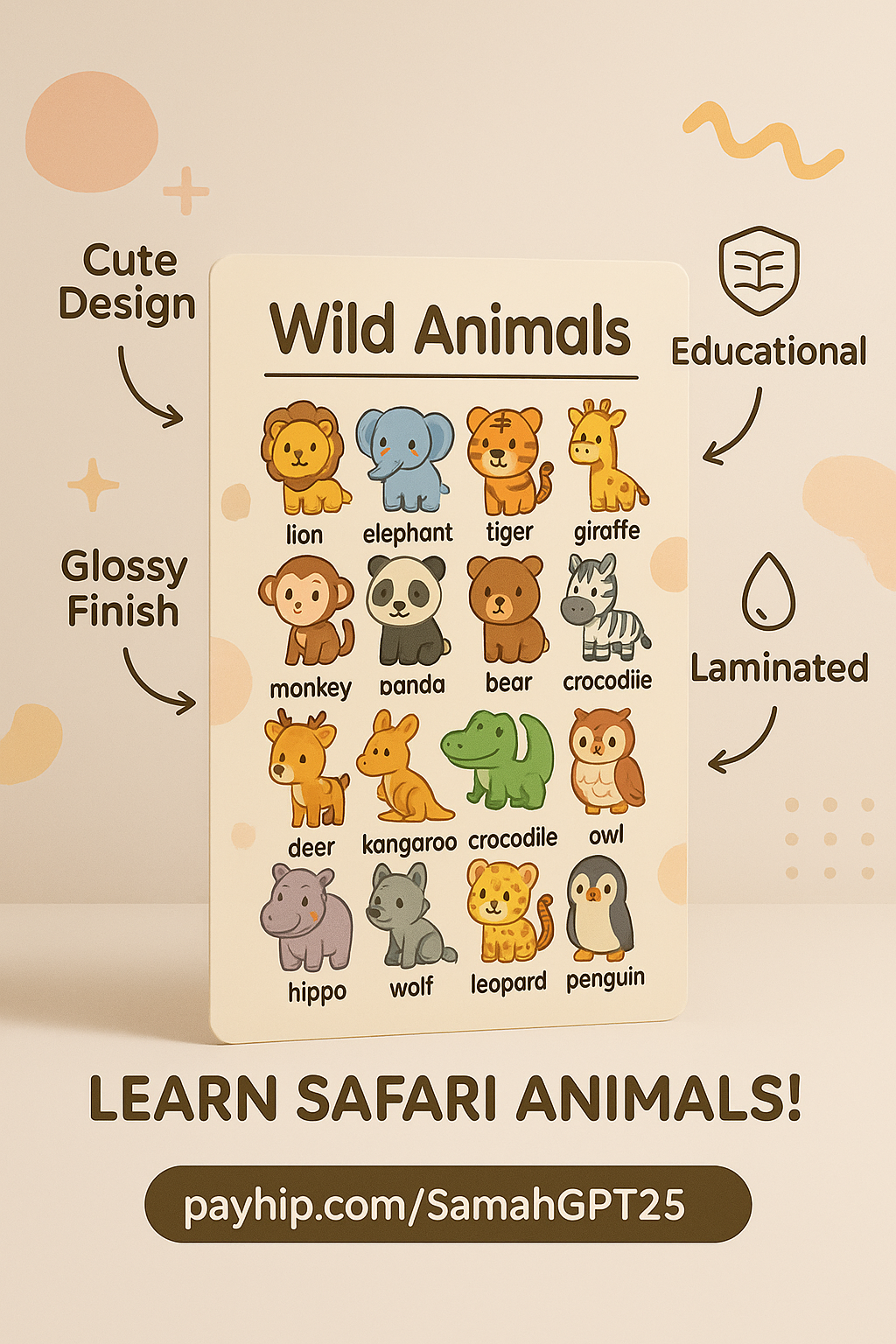 Kawaii Wild Animals Learning Chart – Cute Safari Creatures for Kids