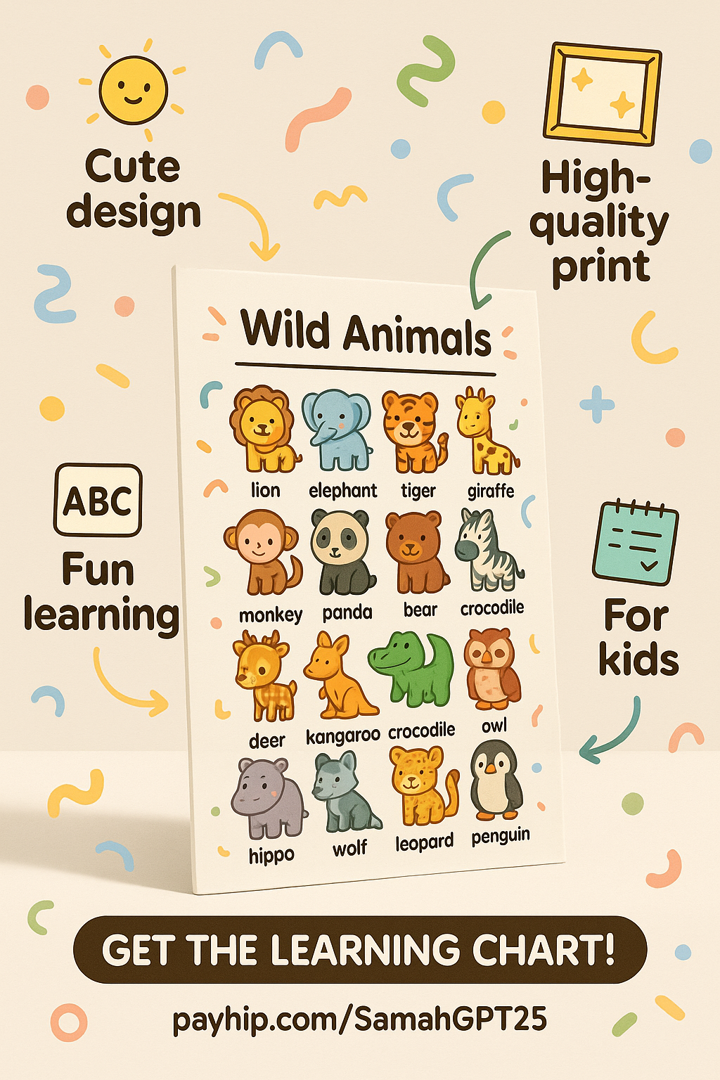 Kawaii Wild Animals Learning Chart – Cute Safari Creatures for Kids