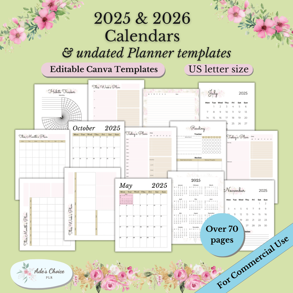 The image displays a collection of printable planner templates designed for 2025 and 2026, suitable for digital use as Canva templates. The templates include monthly and weekly planners, habit trackers, reading trackers, and daily planning sheets. Each ca