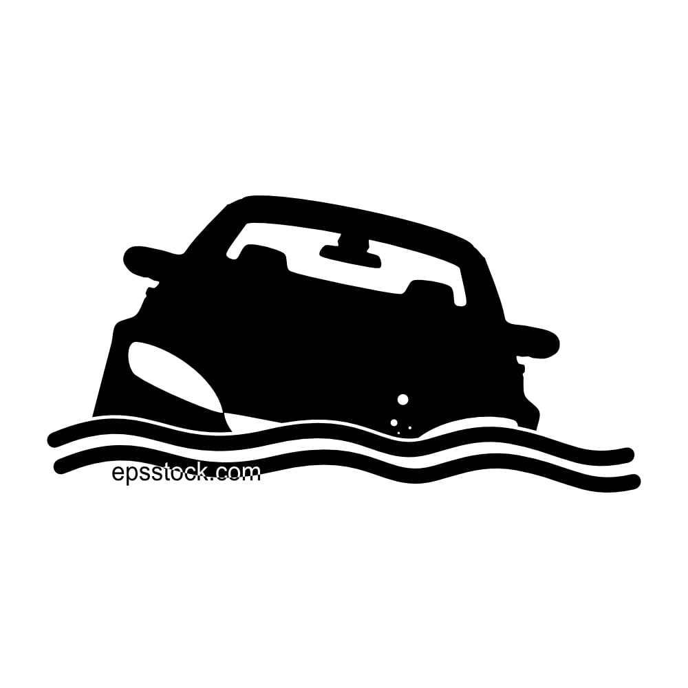 Car submerged in water sign, black isolated silhouette
