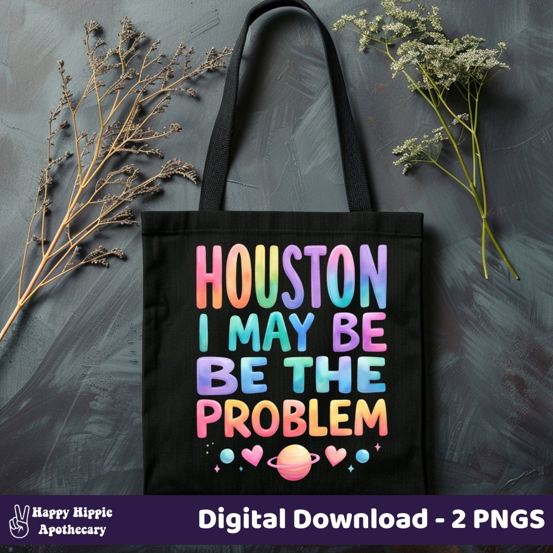 Funny pastel rainbow quote PNG on black tote bag – Houston I May Be The Problem design for sublimation, sticker making, or gift crafting