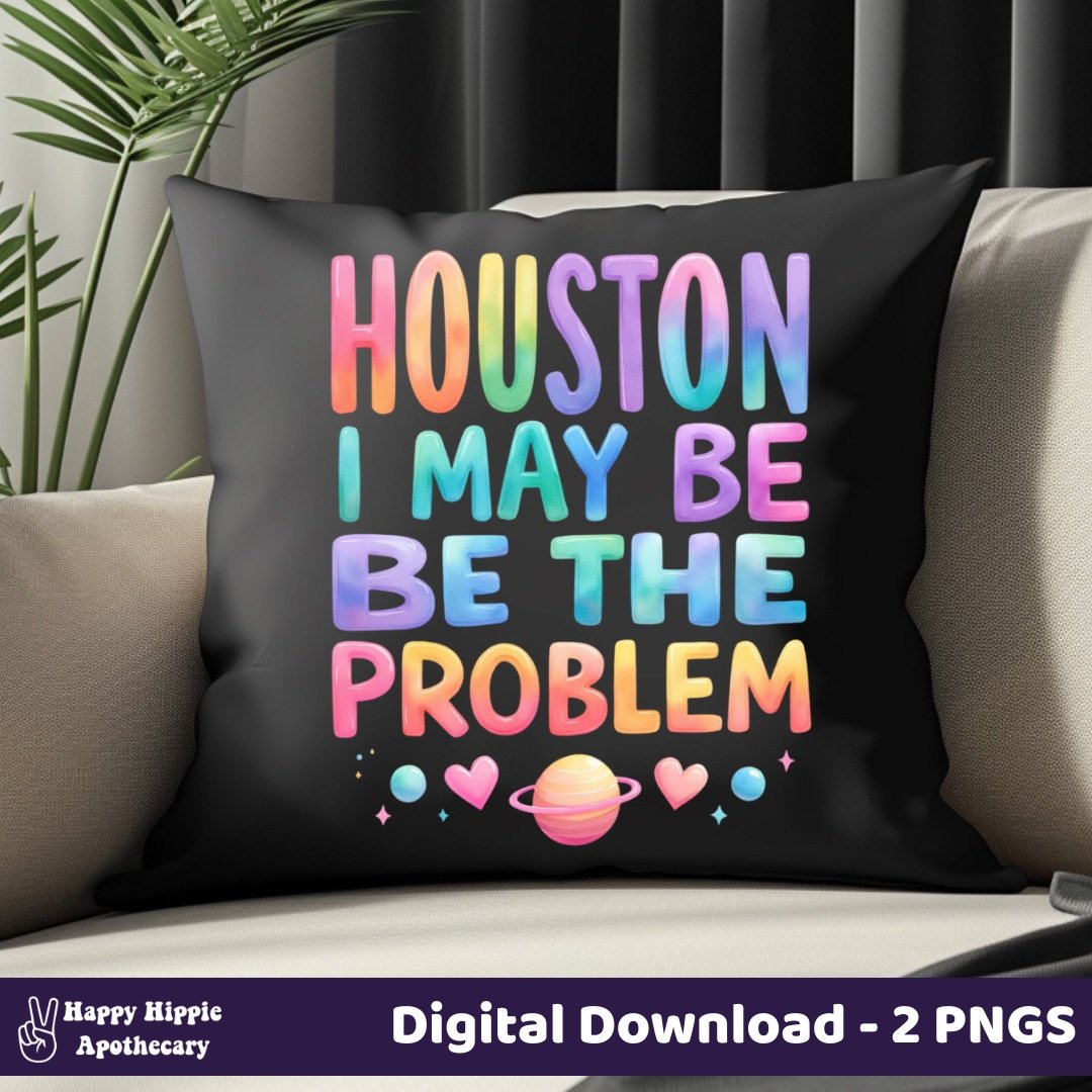 Houston I May Be The Problem pastel sublimation design on throw pillow – colorful PNG with sticker version included for print-on-demand projects