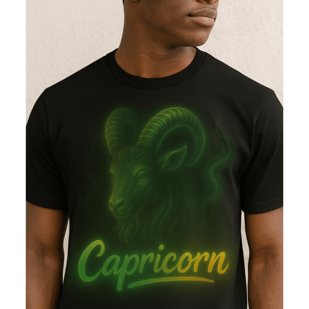 “Black t-shirt mockup with neon airbrushed Capricorn design showing glowing green goat with curling horns.”