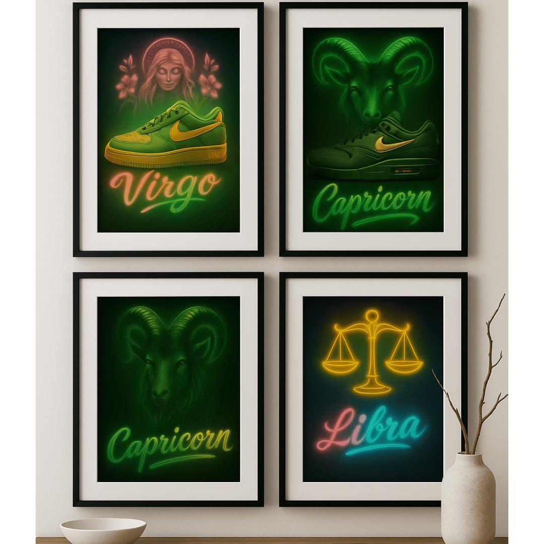 “Framed wall art mockup displaying neon airbrushed zodiac prints including Virgo, Capricorn, and Libra in glowing neon colors.”