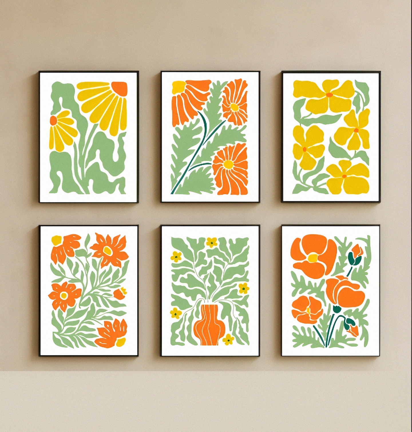 Retro Floral Wall Art Set – Vintage Botanical Prints in Orange and ...