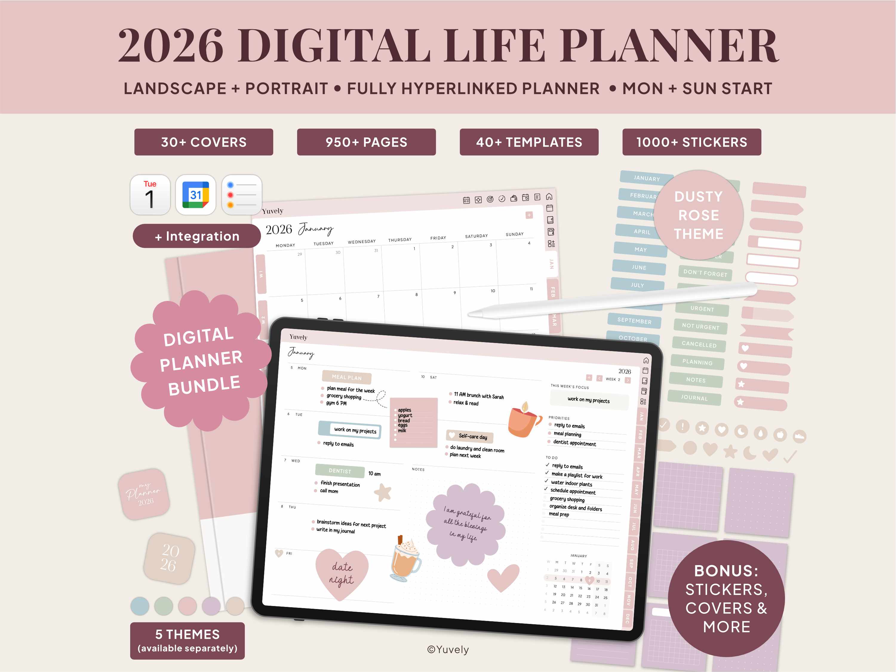 2026 Digital Life Planner | Dusty Rose | Mon Sun Start | Planner Bundle