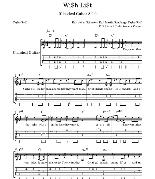 Taylor Swift - Wi$h Li$t (Classical Guitar Solo Sheet Music PDF + Mp3 Audio)