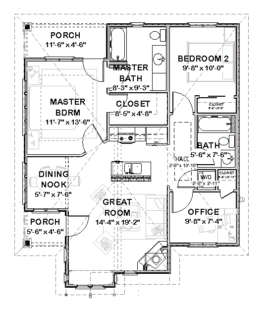 2 bed 2 bath and office cottage floor plan