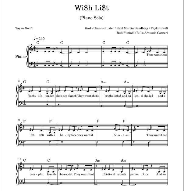 Taylor Swift - Wi$h Li$t (Piano Solo Sheet Music PDF + Mp3 Audio)