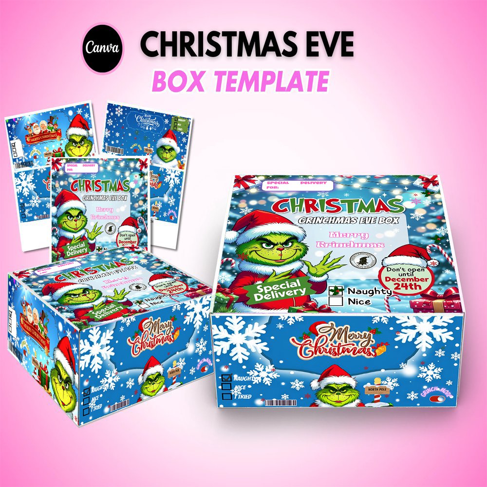 Christmas Eve box  Holiday gift box template  Printable Christmas box  Green monster Christmas  Kids Christmas Eve ideas  Canva box template  Christmas printable  Holiday packaging template  DIY Christmas gift box  Christmas Eve printable