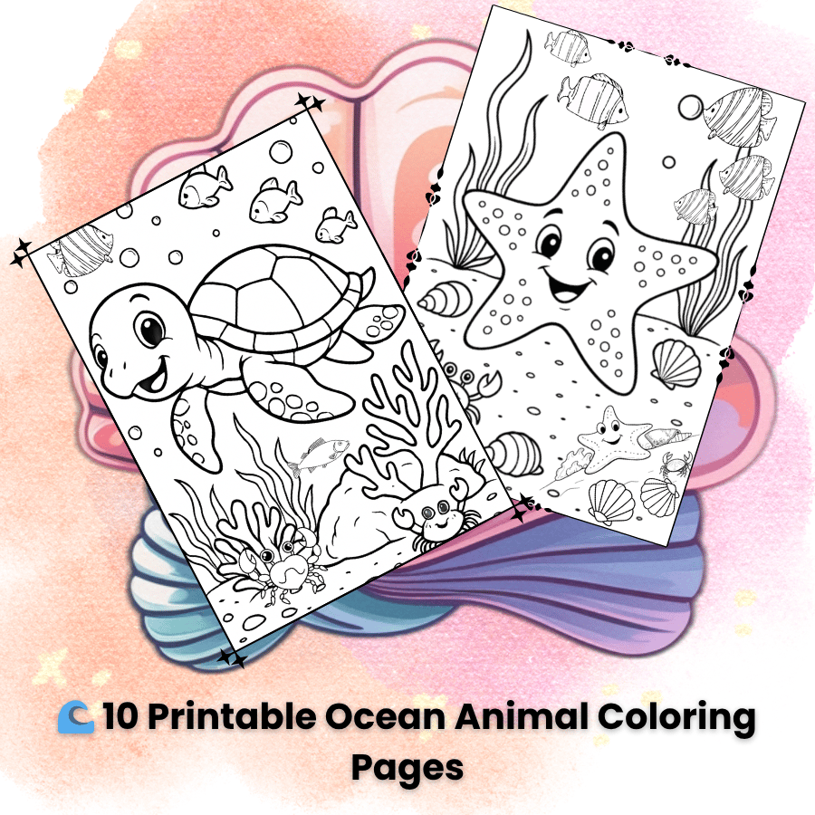 Cute turtle and starfish coloring pages – ocean animals printable for preschool and kindergarten