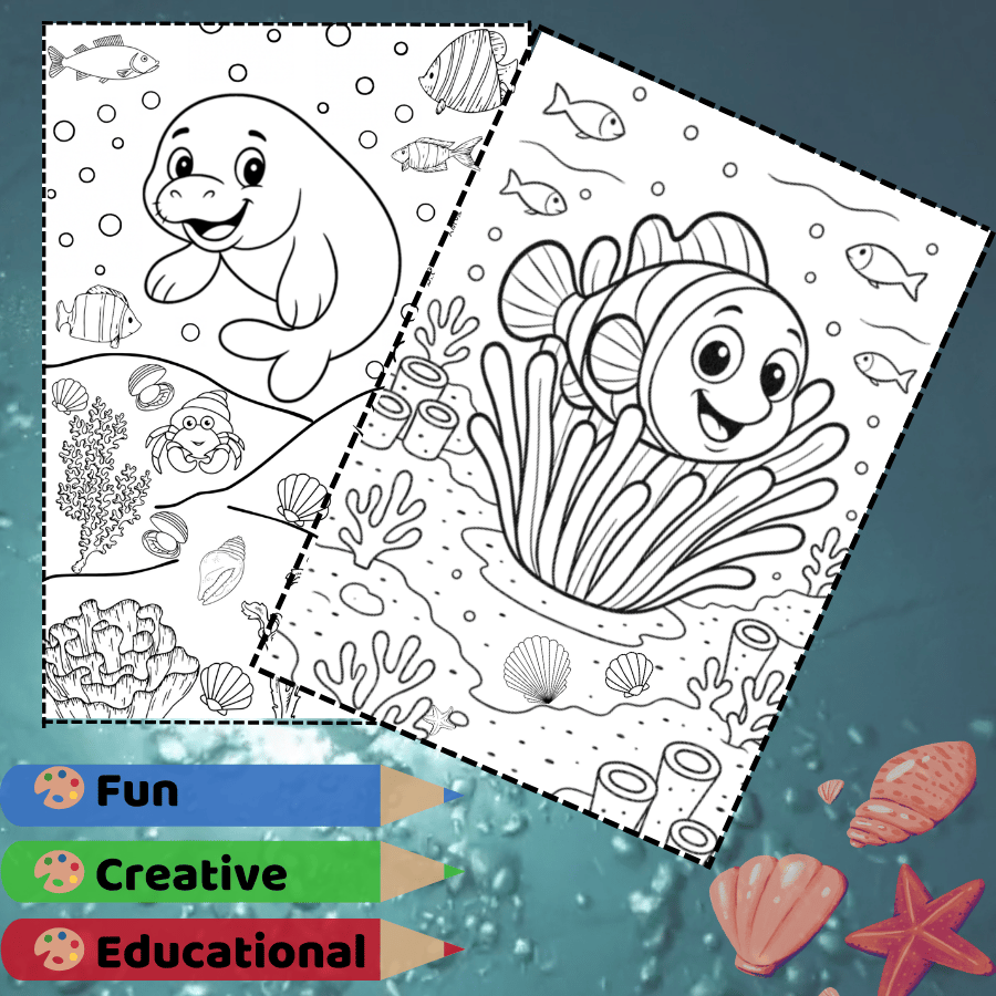 Manatee and clownfish coloring sheets – fun sea animals coloring printables for children