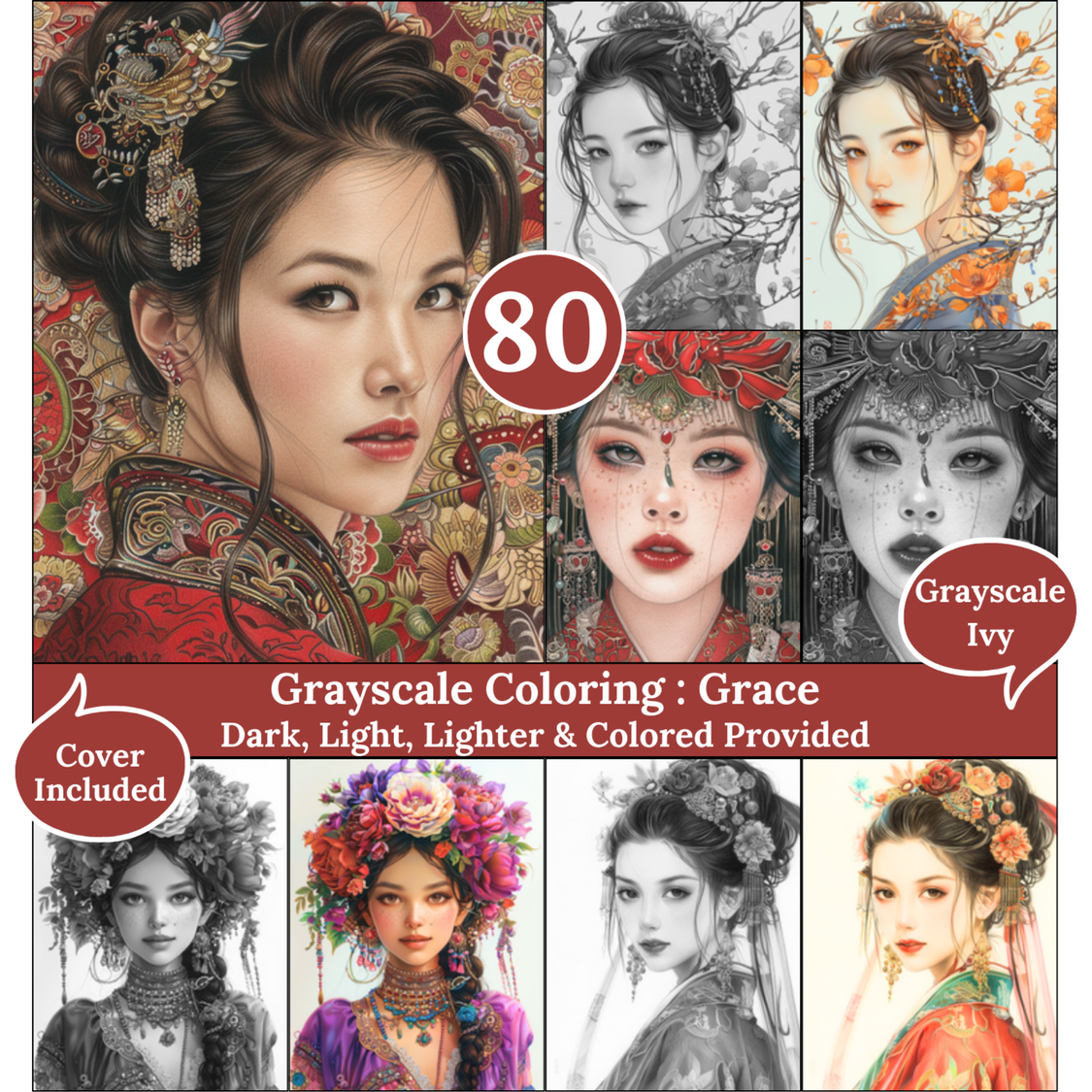 Grace, 80 Grayscale Coloring Pages, Gorgeous Elegant Women Portraits, Dark Light Lighter and Colored Versions, Printable PDF