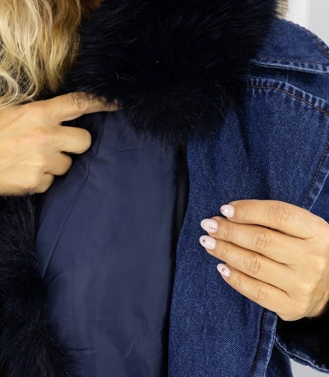Detailansicht der Jeans Jacke mit schwarzem Fellkragen und Händen, die den Kragen berühren