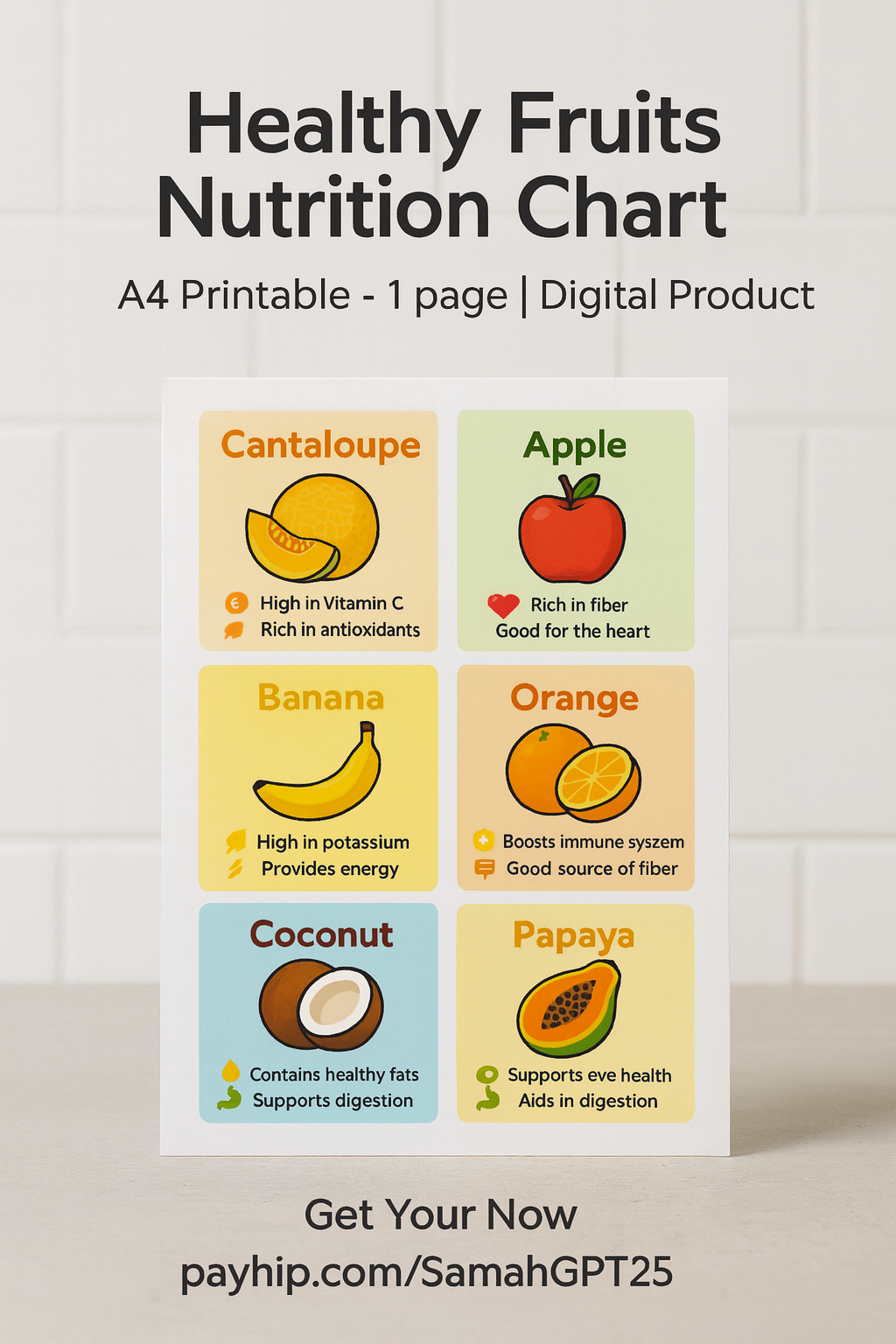 Healthy Fruits Nutrition Chart – A4 Printable - 1 page