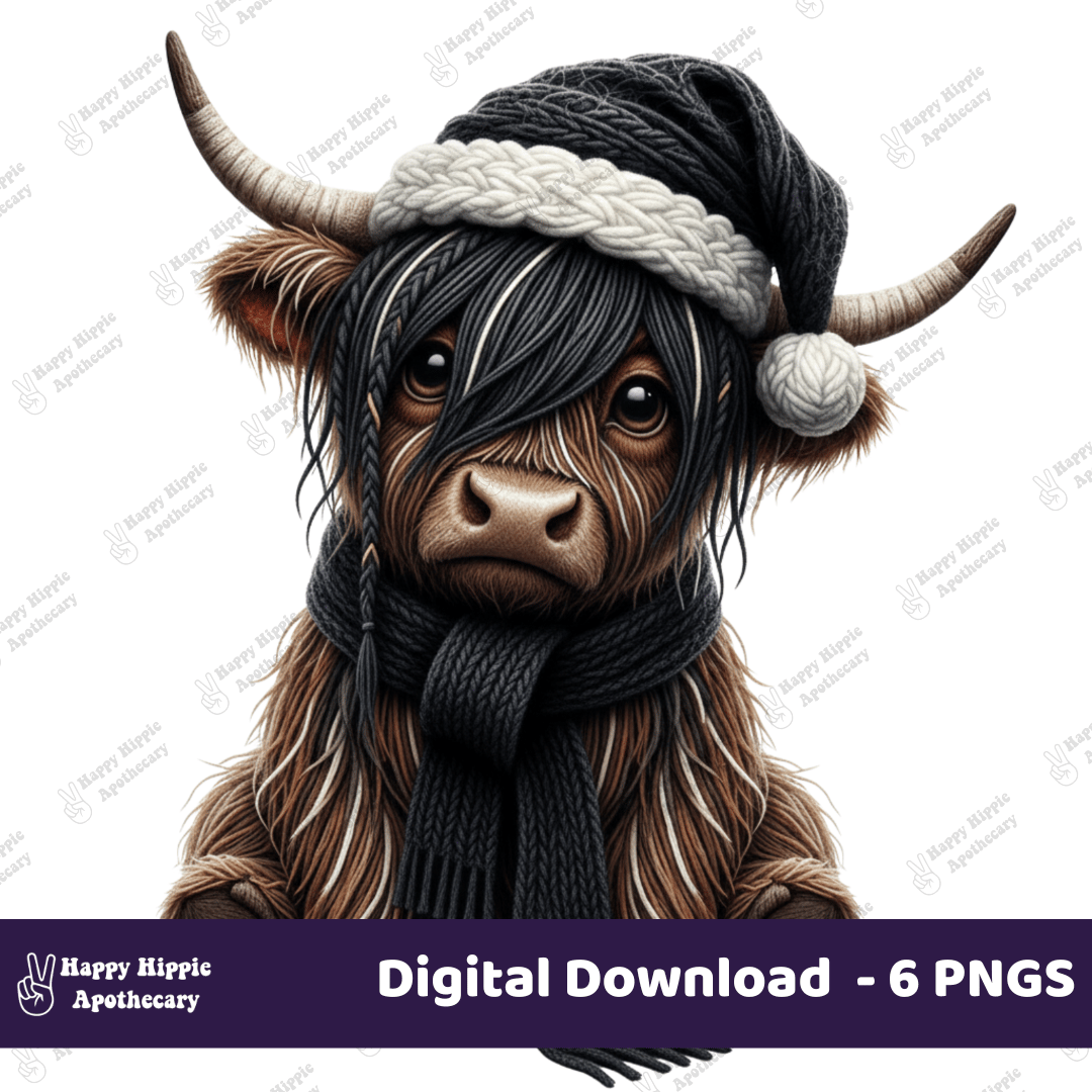 Emo Highland Cow Christmas PNG with black scarf and hat, brown fur, digital sublimation design for DTF or printing