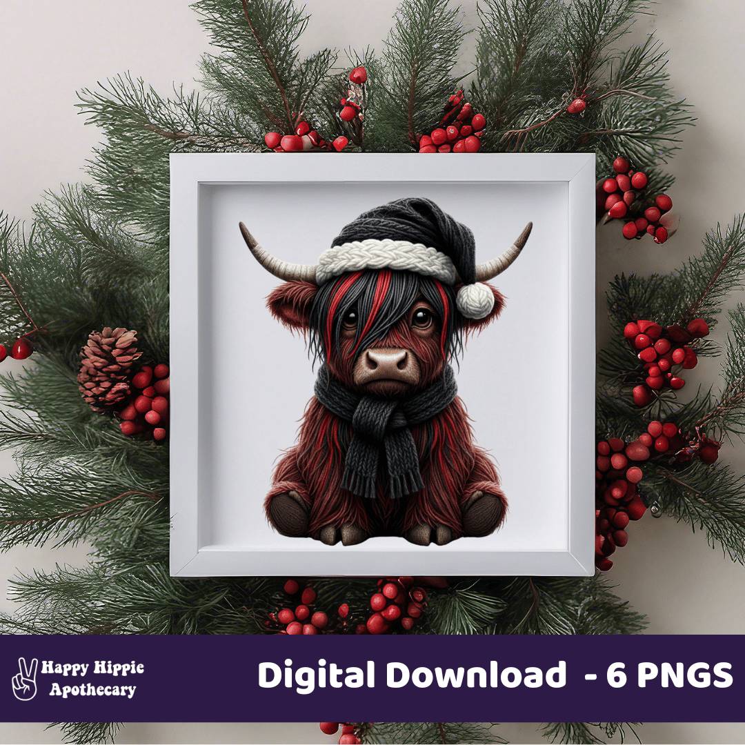 Emo Christmas Highland Cow PNG in festive white frame with pine and berry holiday decor, digital download wall art mockup