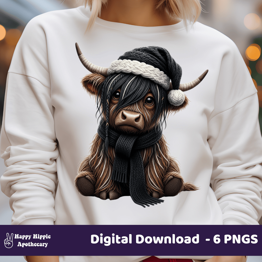 Emo Highland Cow Christmas PNG design printed on white sweatshirt, alternative holiday clothing mockup for listing
