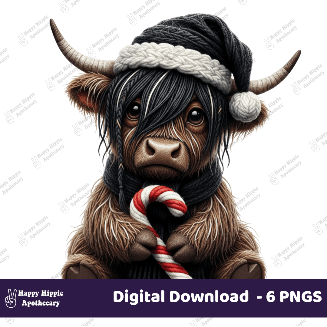Emo Highland Cow holding candy cane, Christmas sublimation PNG, cute and gothic clipart for alternative gifts