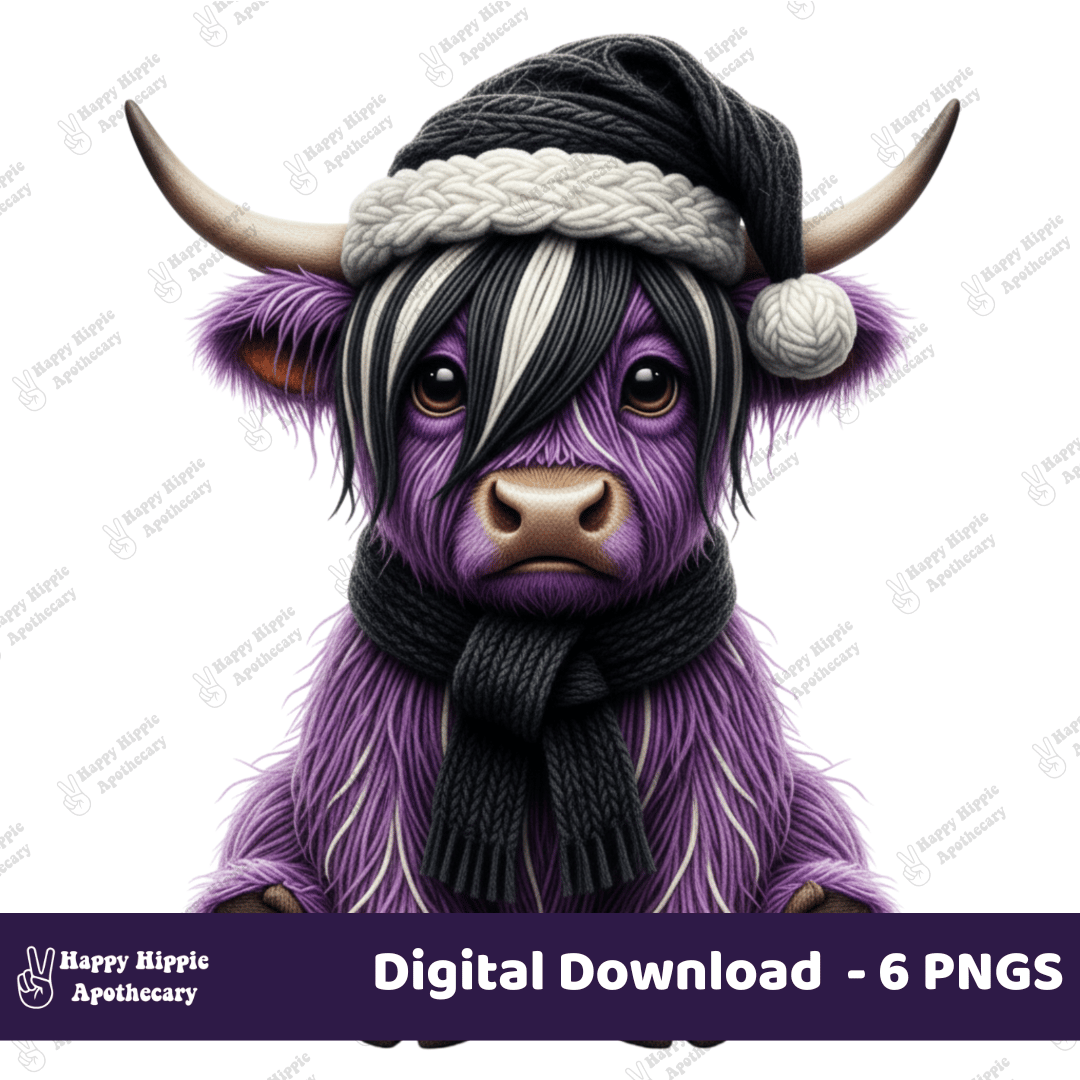 Purple emo Highland Cow Christmas clipart with black scarf and hat, digital PNG for alternative holiday designs