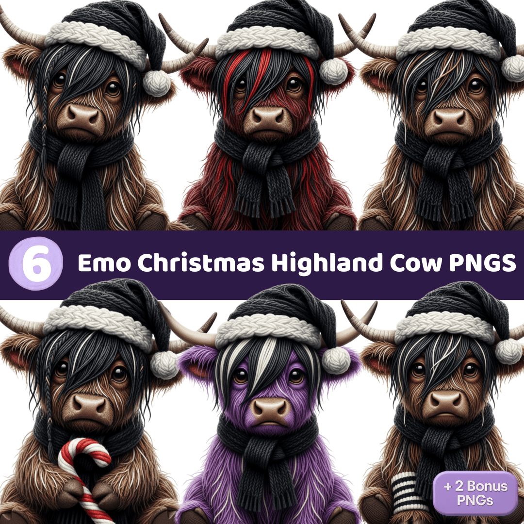 Emo Christmas Highland Cow PNG bundle preview with 6 main designs and 2 bonus cows, sublimation clipart set