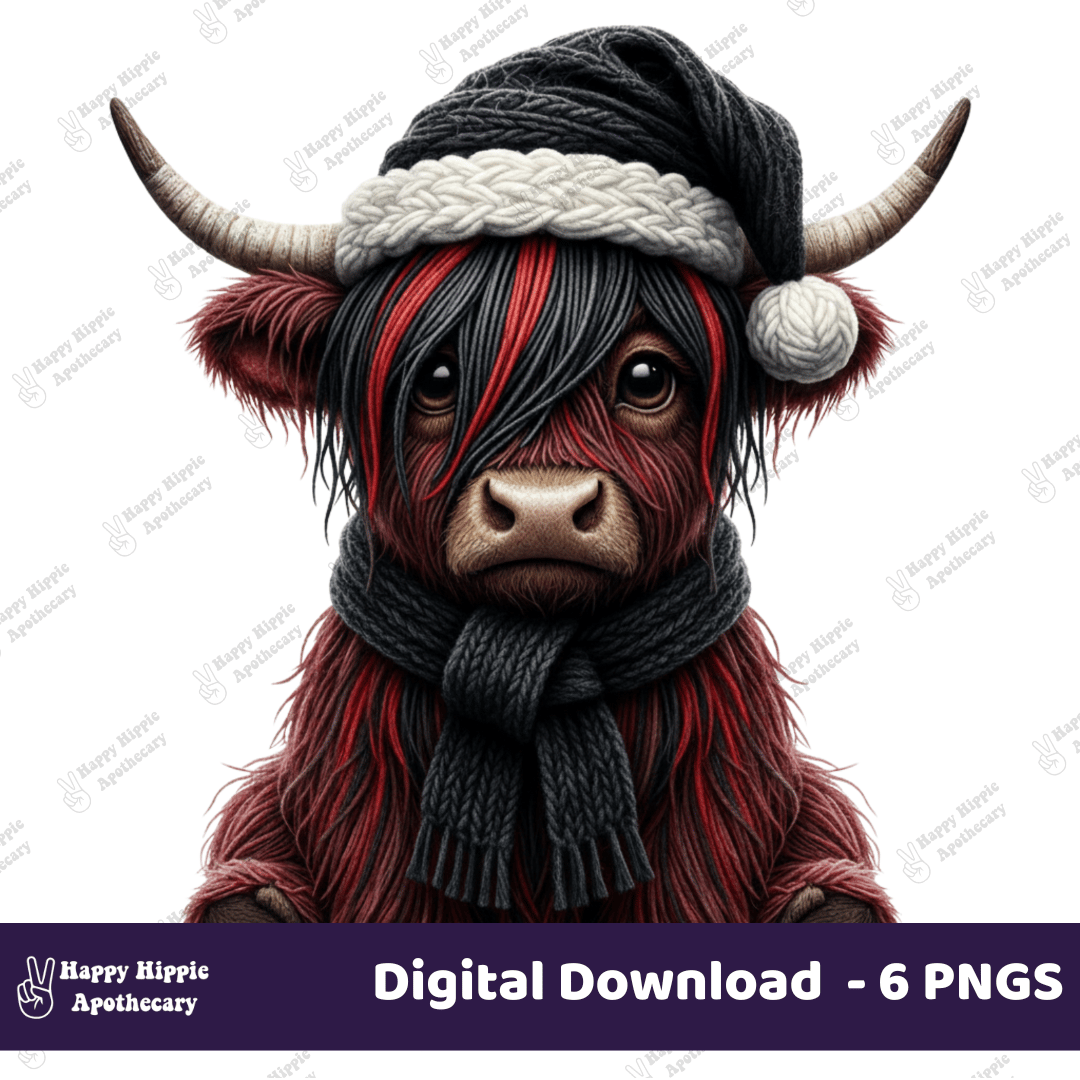 Goth emo Highland Cow PNG with red and black fur, Christmas design for sublimation, DTF, stickers, and crafts