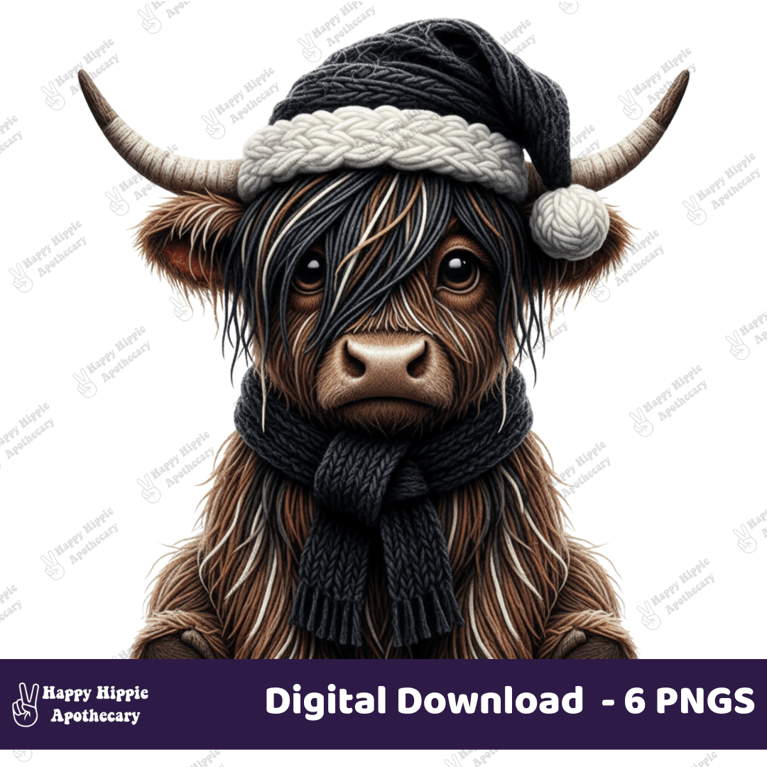 Sad emo Christmas Highland Cow with brown fur and white streaks, sublimation or DTF holiday PNG design