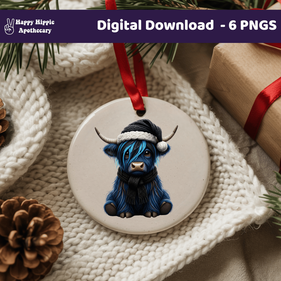 Round ceramic ornament mockup with blue emo Highland cow graphic, winter PNG design for sublimation