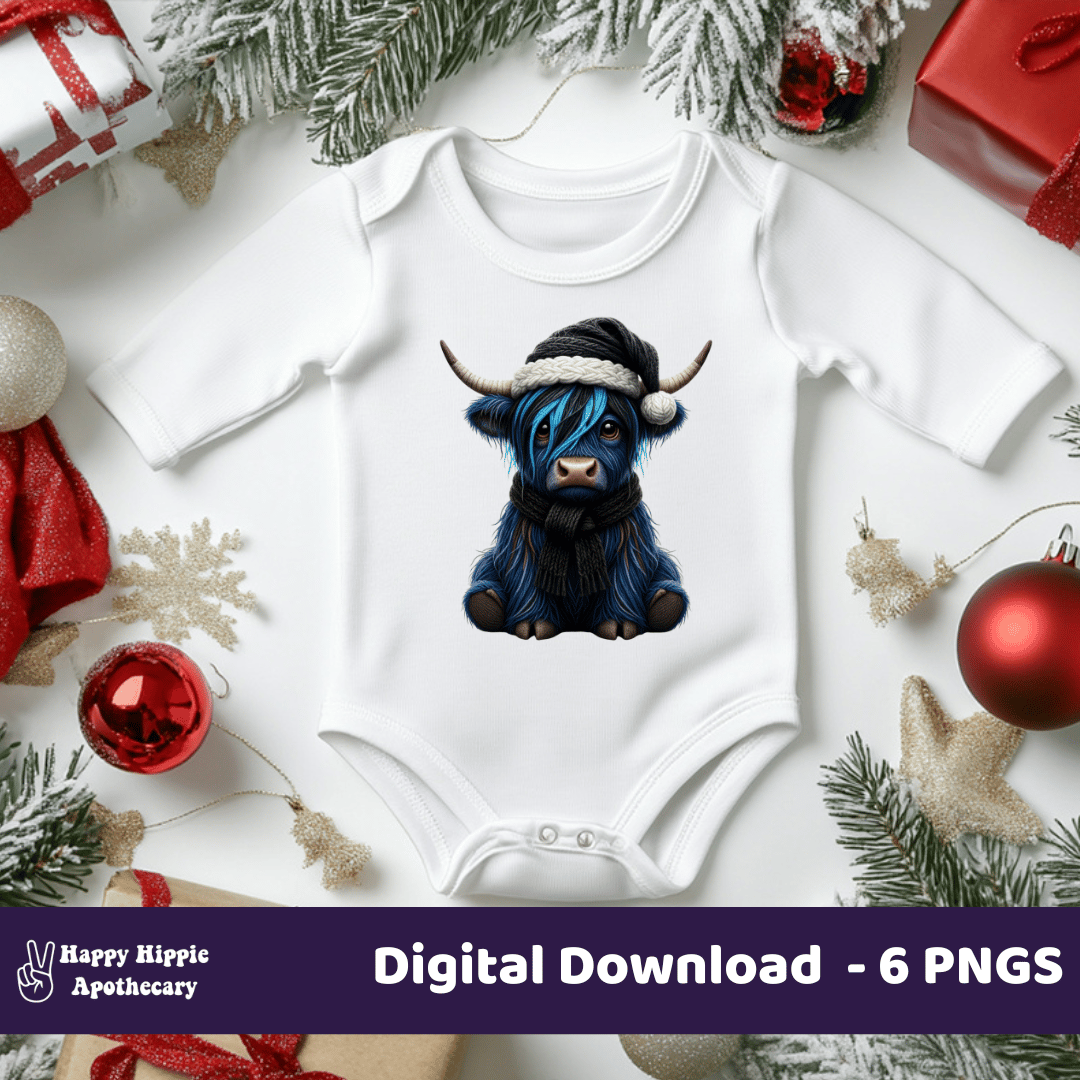 Christmas baby onesie mockup with blue emo Highland cow clipart, digital PNG design for infant holiday apparel