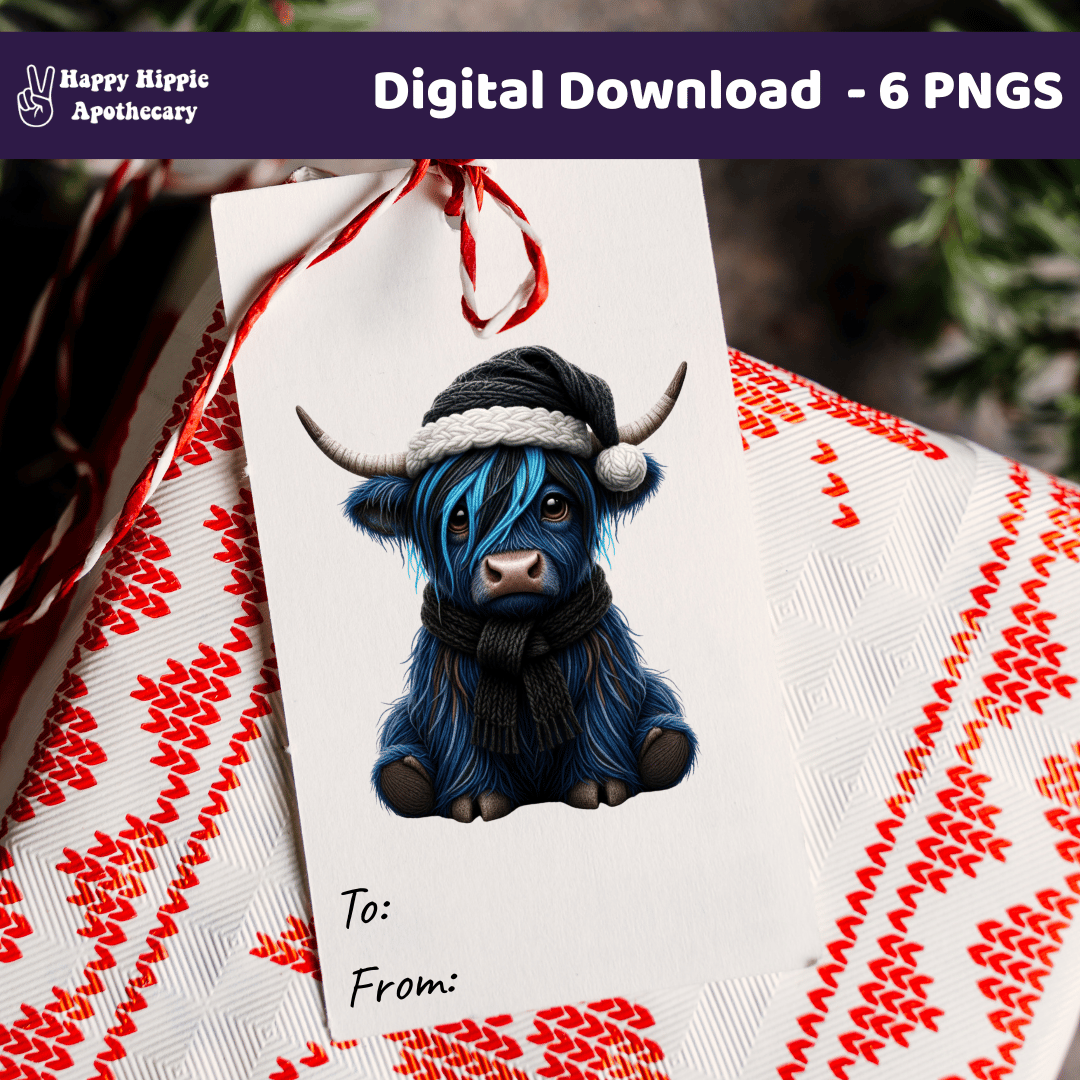 Printable Christmas gift tag mockup with emo Highland cow art, blue winter cow PNG for tags and labels