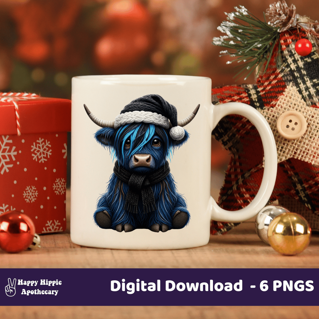 Blue emo Highland cow Christmas mug mockup featuring a cute cow in knit hat and scarf, sublimation PNG for winter mugs