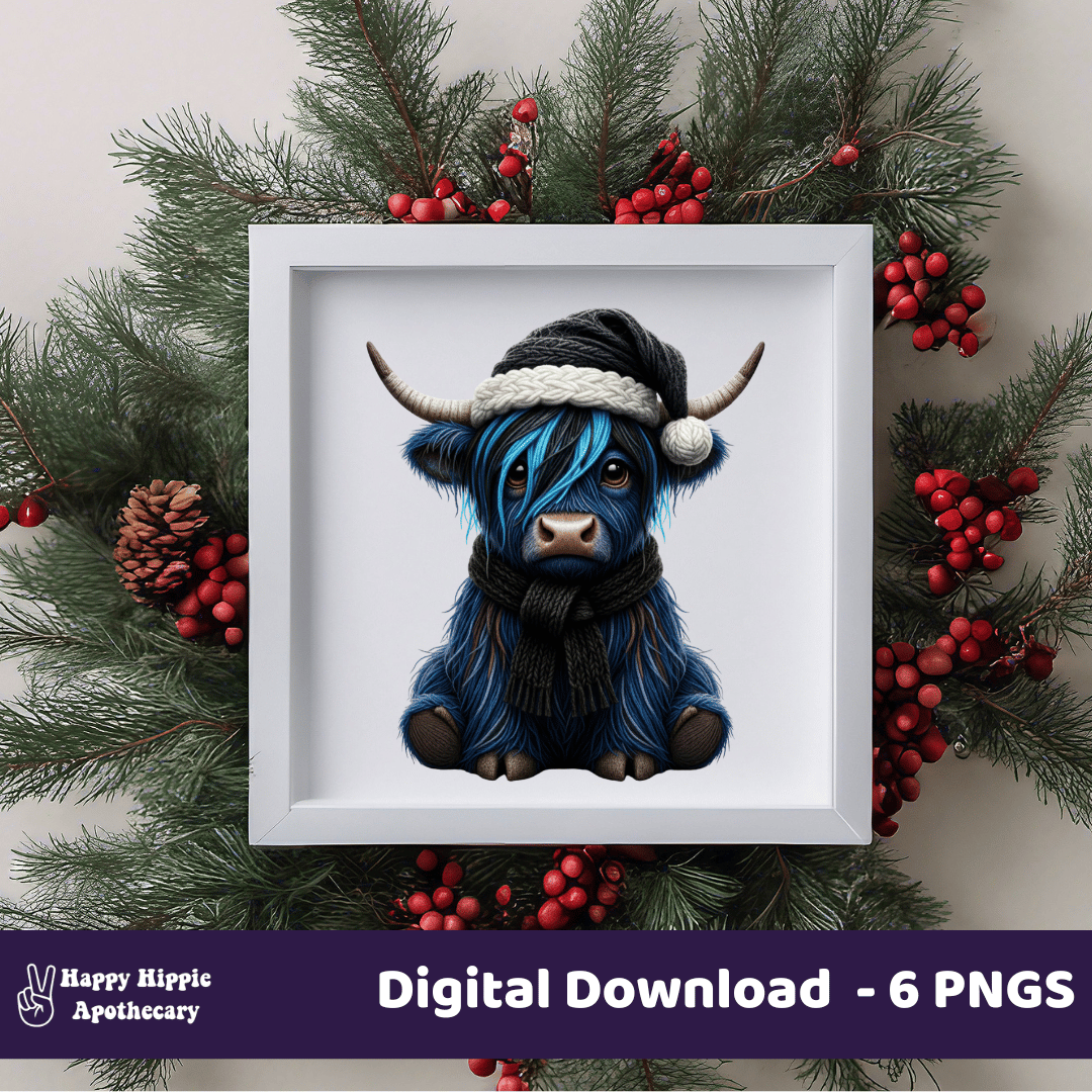 Holiday wall art mockup with framed blue emo Highland cow, Christmas digital PNG for farmhouse decor