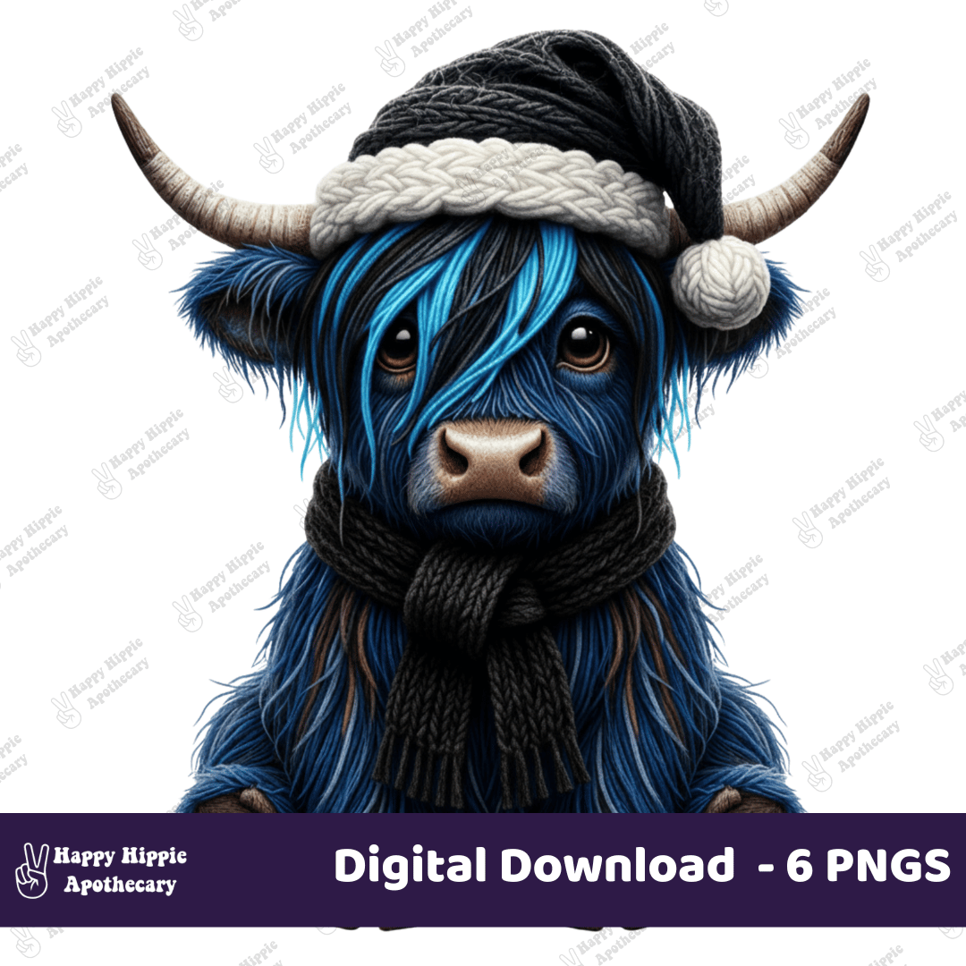 Close-up of blue emo Highland cow with knit hat and scarf, high-res PNG for sublimation and crafts