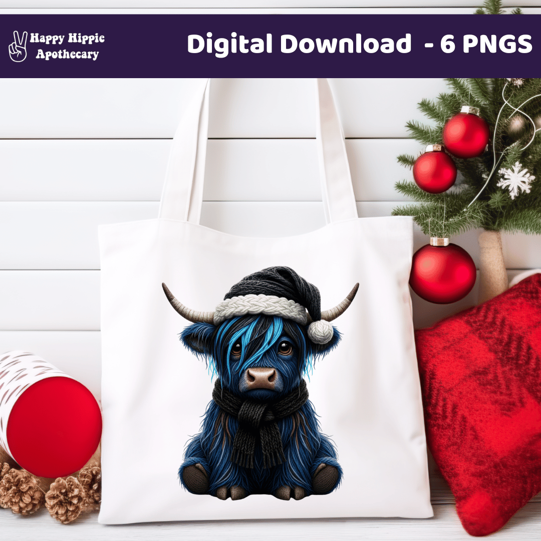 Holiday tote bag mockup with blue emo Highland cow design, Christmas PNG for sublimation or heat transfer