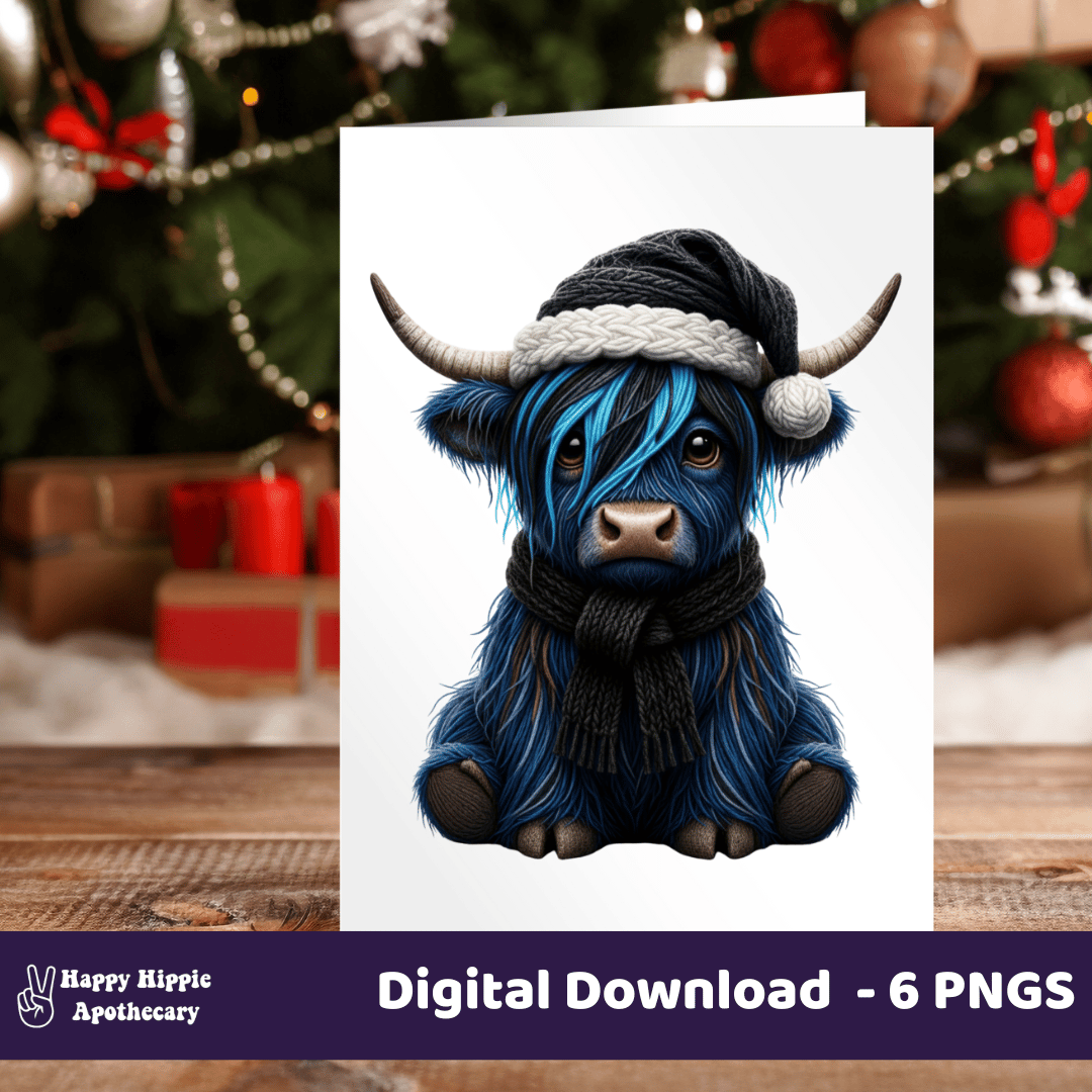 Emo Highland cow Christmas card mockup with blue winter cow clipart, cute digital PNG for printable cards