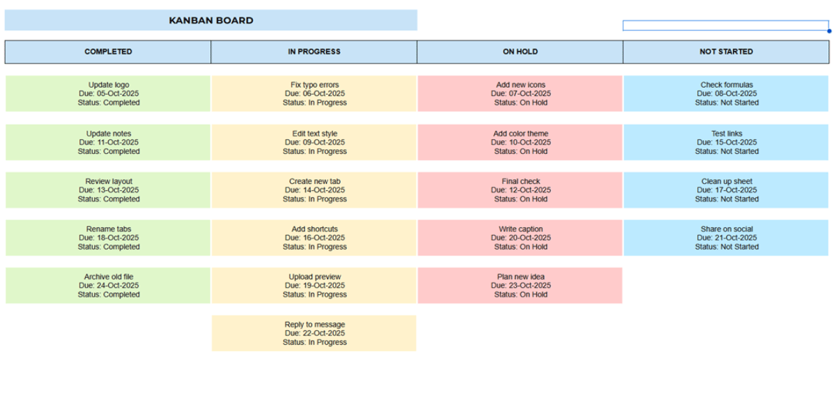 Kanban board template in Excel with columns for Completed, In Progress, On Hold, and Not Started tasks, featuring color-coded cards
