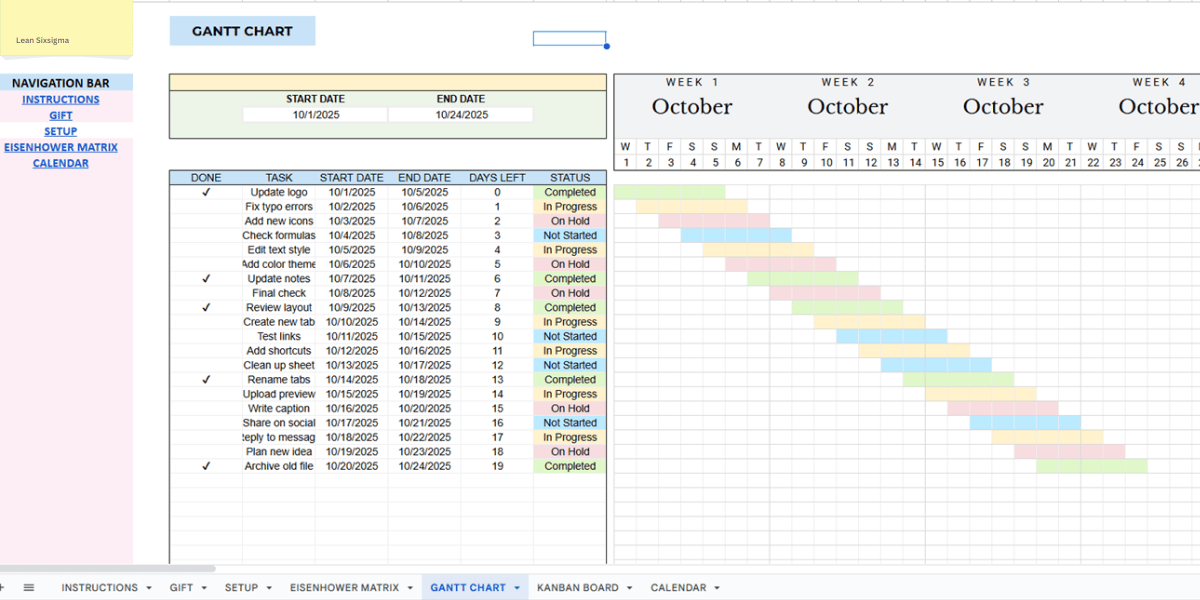 Excel Gantt chart template displaying project tasks, start and end dates, timeline bars, and color-coded scheduling