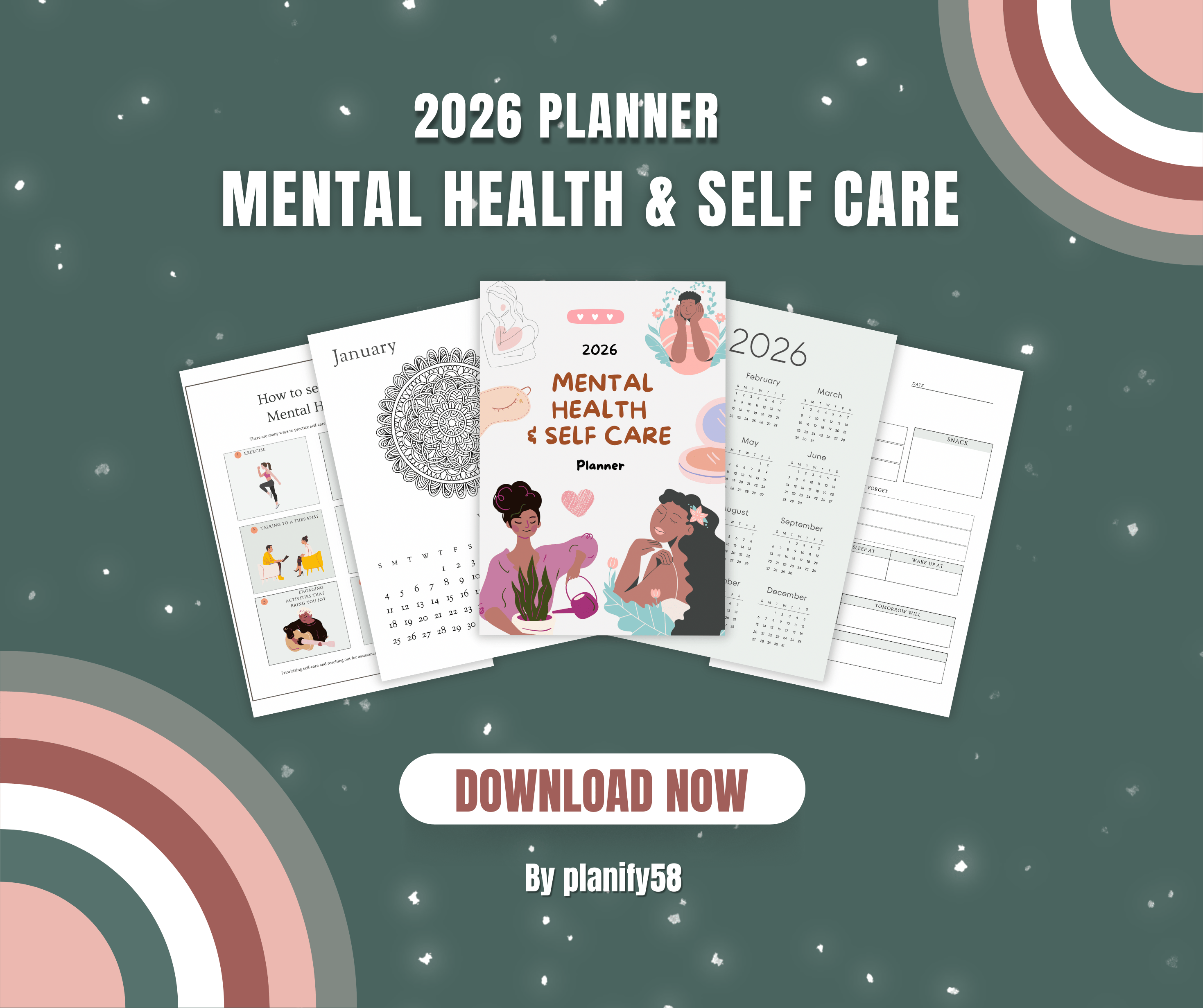 Printable Digital Mental Health Self Care 2026 Planner Mindfulness O