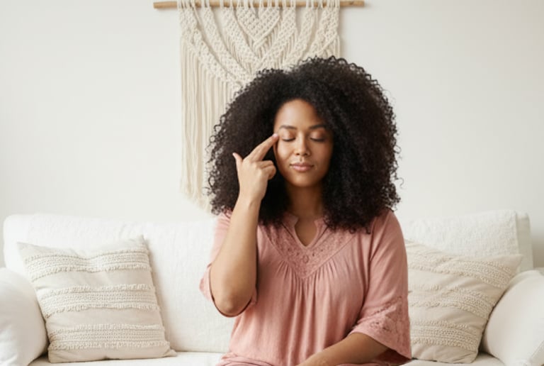 woman tapping side of her eye with one hand