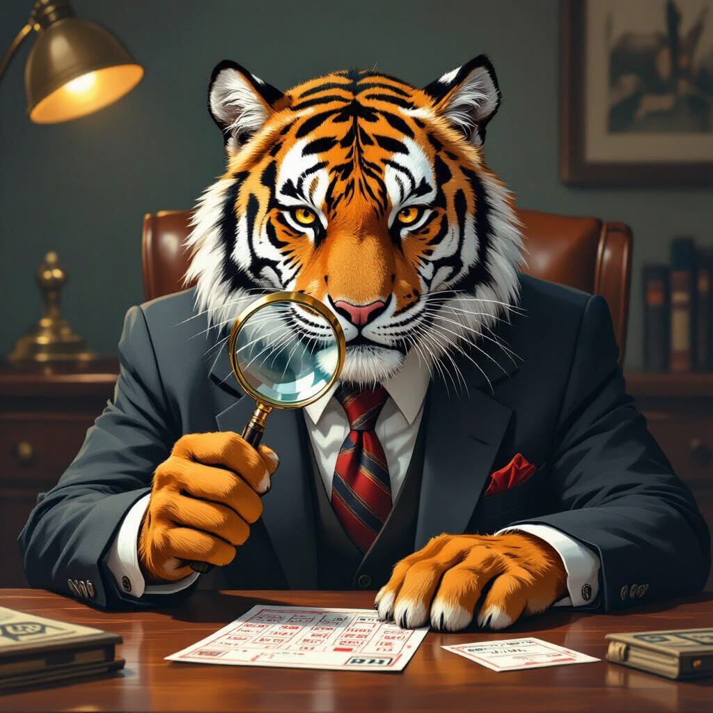 Tiger holding a magnifying glass