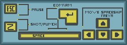 Keyboard Keys used in Game. Z to shot and punch enter and space bar to confirm and arrows keys to move spaceship and freya and ESC to pause