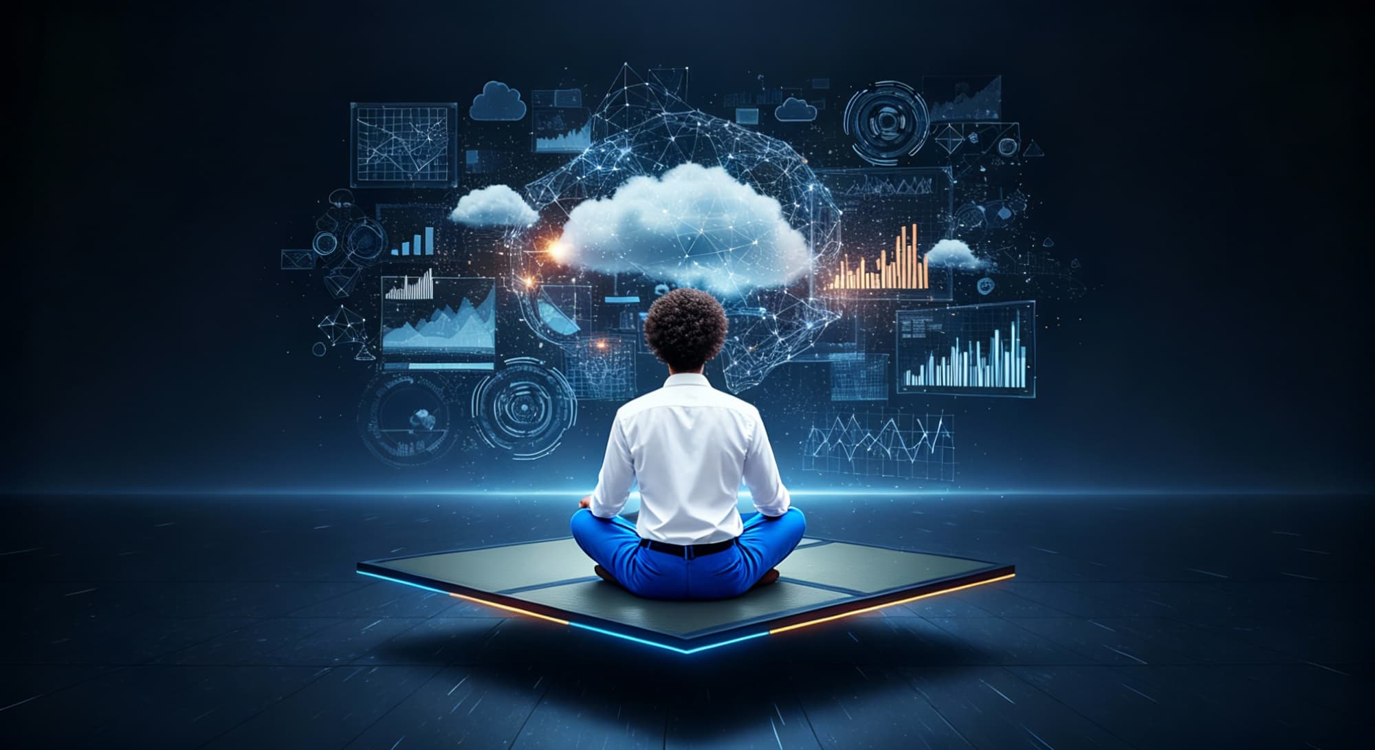 Benjamin Azika-Eros en méditation sur un tatami futuriste, visualisant des données de neurosciences et de performance business, illustrant la Stratégie du Tatami.