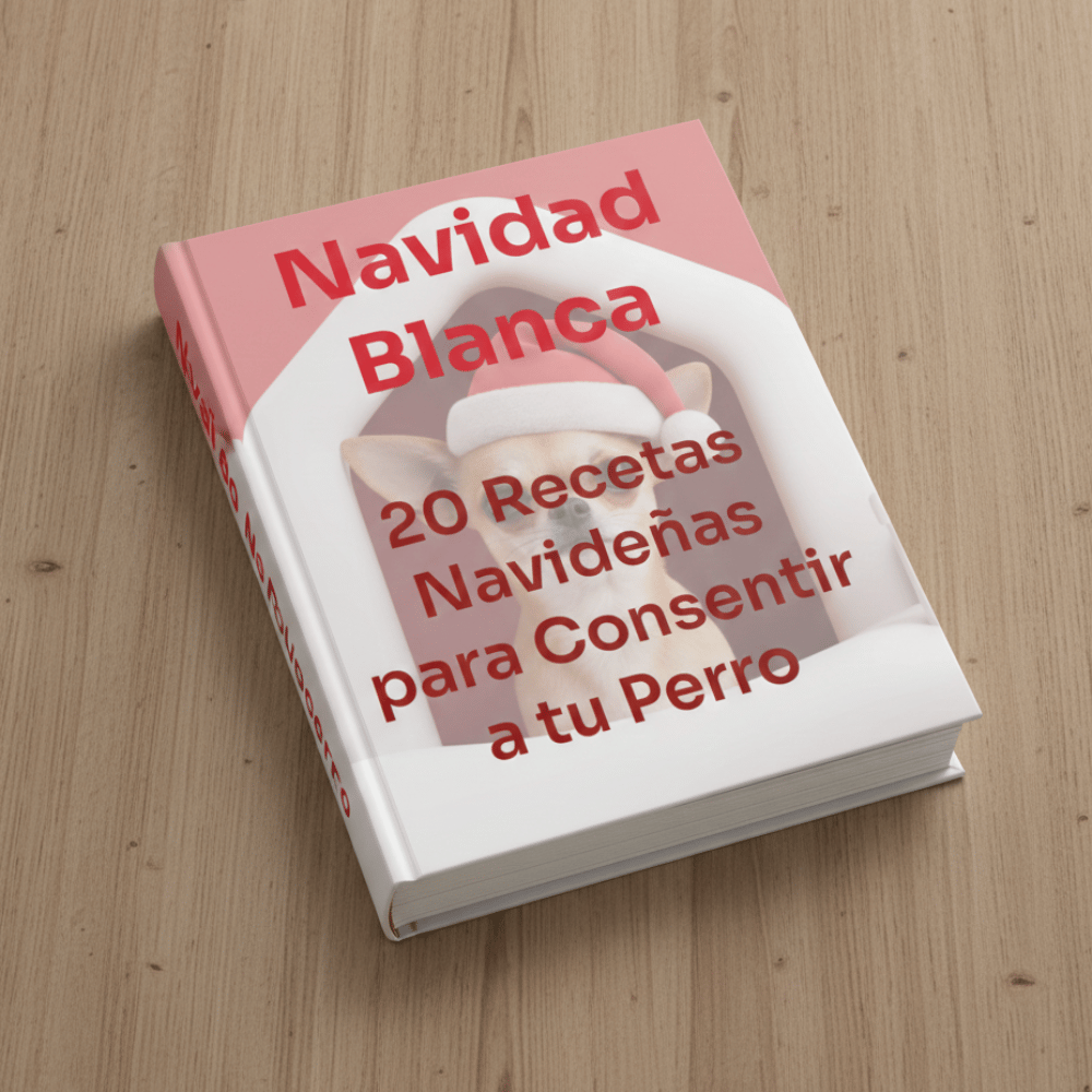 libro cerrado que muestra la portada de un ebook titulado "Navidad Blanca: 20 Recetas Navideñas para Consentir a tu Perro". El libro está apoyado sobre una superficie de madera rústica, como una mesa o suelo.