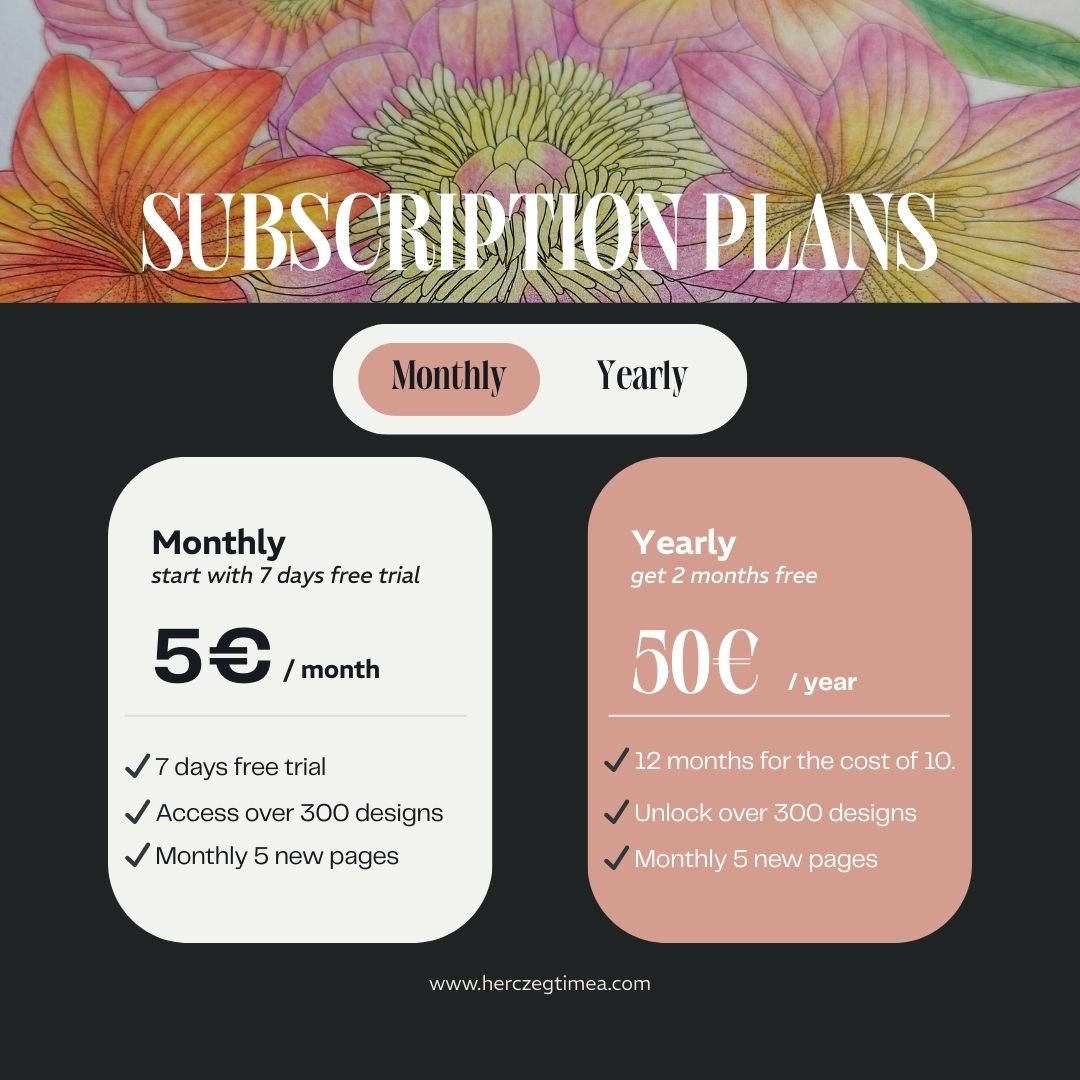 adult coloring page subscription plans from Herczeg Timea coloring book illustrator