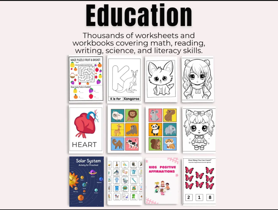 kids learning activities, homeschool worksheets, classroom resources, preschool printables, kindergarten activities, educational bundle, printable worksheets, early learning materials.