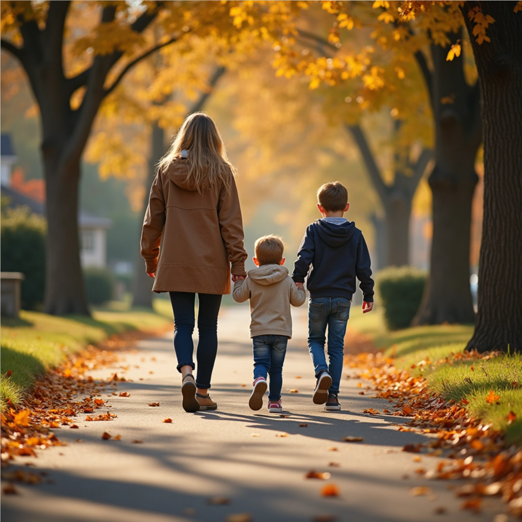 A mom walking with her children on a tree-lined path covered in fall leaves, showing a simple and relaxed autumn activity.