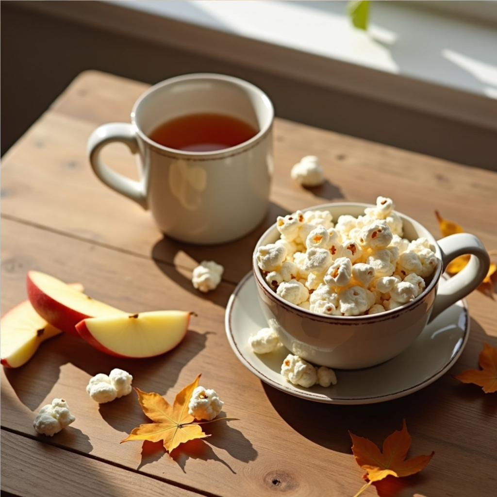 A flat-lay of easy fall snacks including apple slices, popcorn, and a warm drink, representing simple seasonal treats.