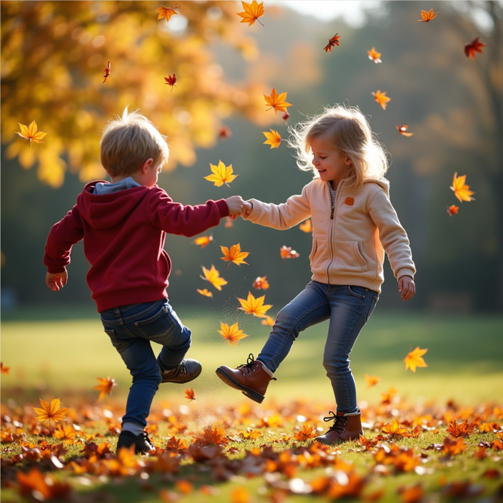 Children kicking and playing in fallen leaves at a park, capturing an easy outdoor fall activity for families.