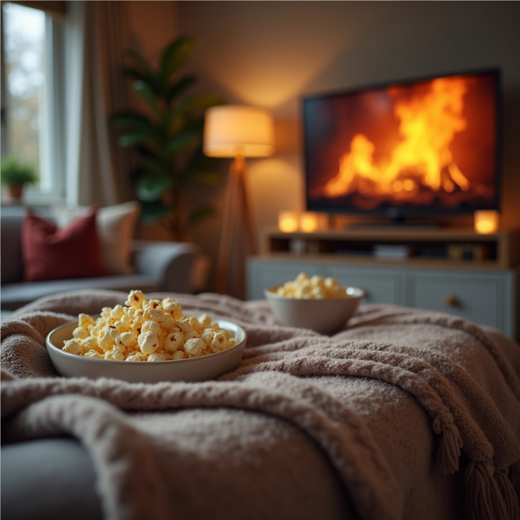 A cozy living room setup with a blanket, popcorn, and soft lighting, illustrating a relaxed fall movie night.