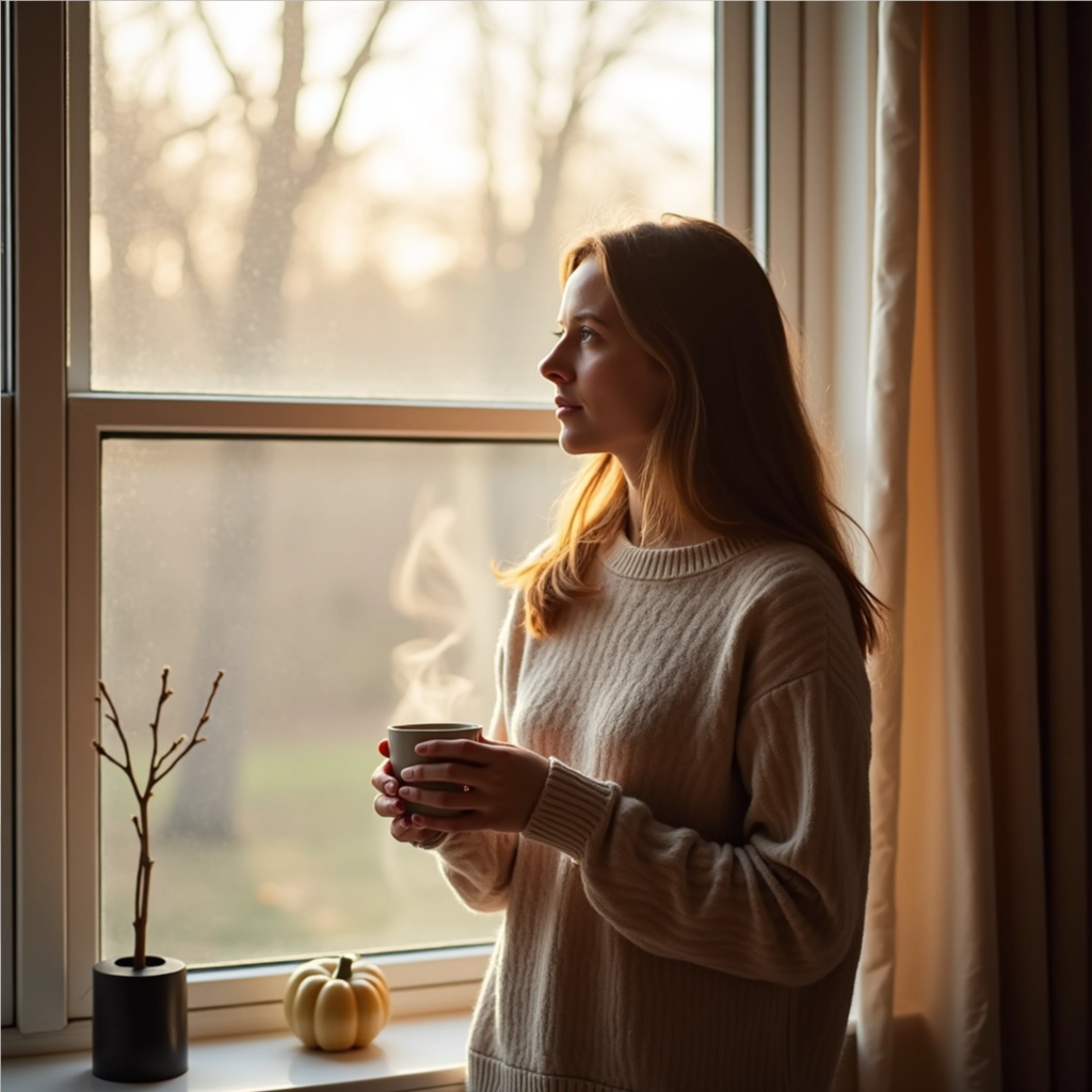 Mom standing by a window holding a warm drink on a cool October morning, representing quiet moments during fall stress.
